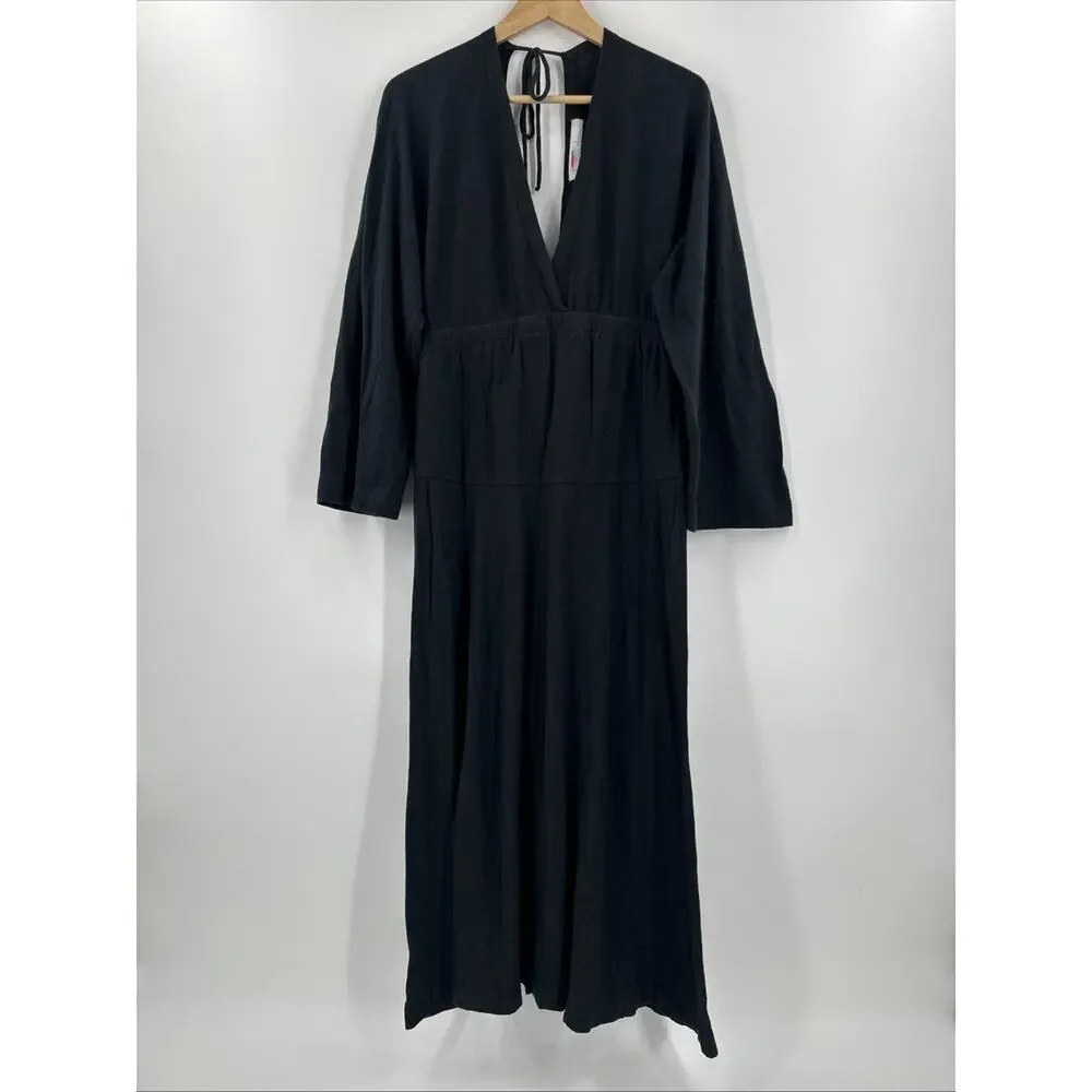 Free People FP Beach Bernadette Dress Size S Hemp Cotton Black Maxi V Neck